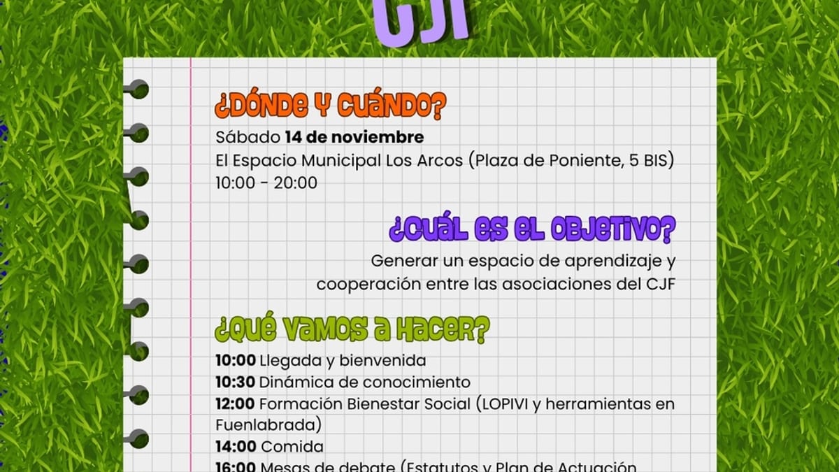 Cartel informativo de la jornada interasociativa del CJF de Fuenlabrada con programa, horario y logotipo del Ayuntamiento