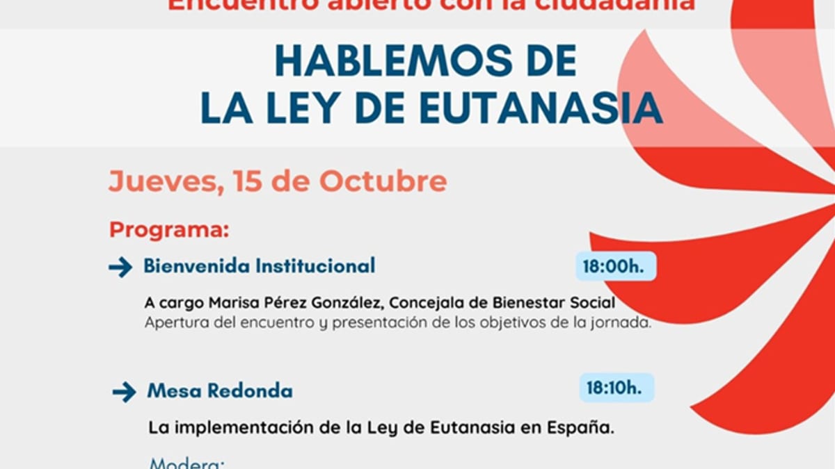 Cartel de la jornada abierta 'Hablemos de la Ley de Eutanasia' organizada por el Ayuntamiento de Rivas y DMD el 15 de octubre