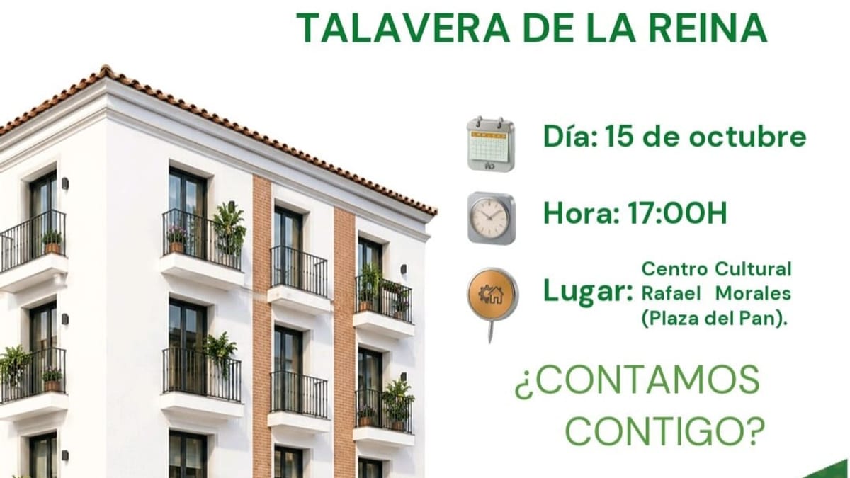 Cartel de la jornada informativa sobre Plan de Vivienda de Talavera de la Reina, 15 de octubre a las 17:00 en el Centro Cultural Rafael Morales