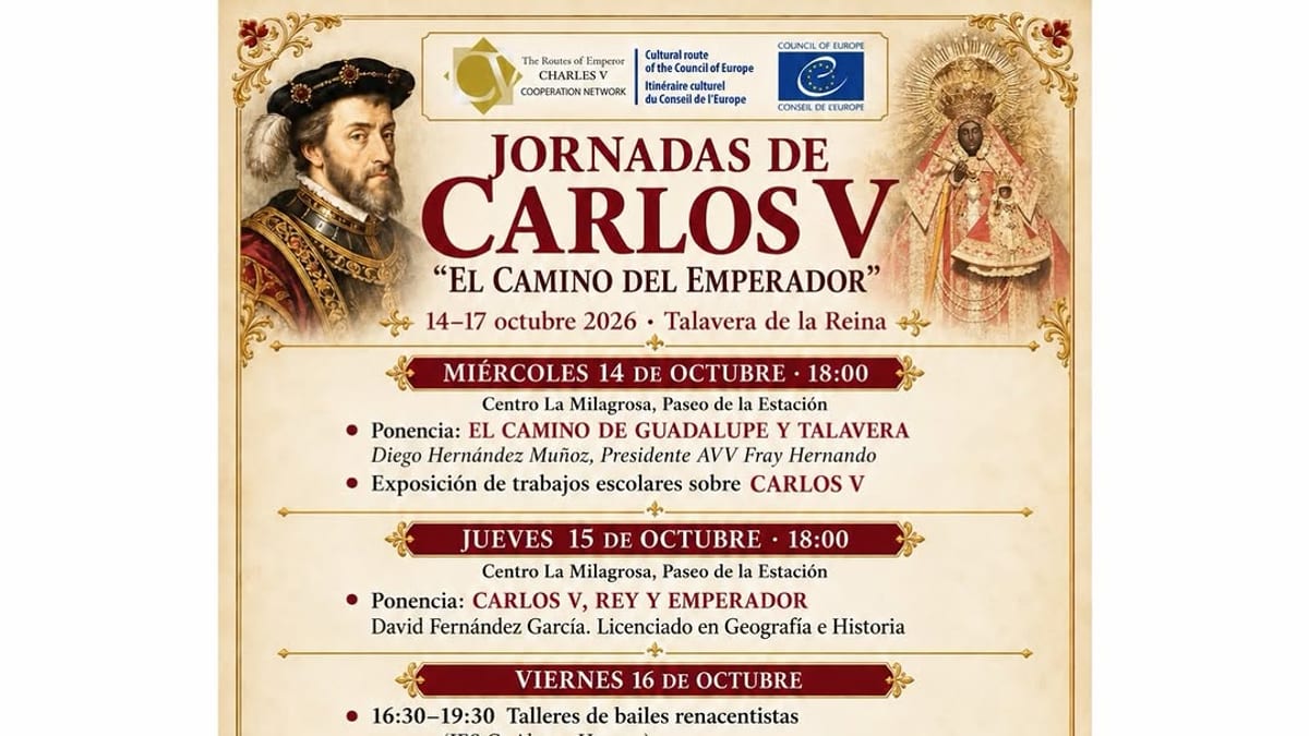 Cartel de las Jornadas de Carlos V «El Camino del Emperador» del 14 al 17 de octubre en Talavera de la Reina, evento cultural de la ruta de las Routes of Emperor Charles V reconocida por el Consejo de Europa