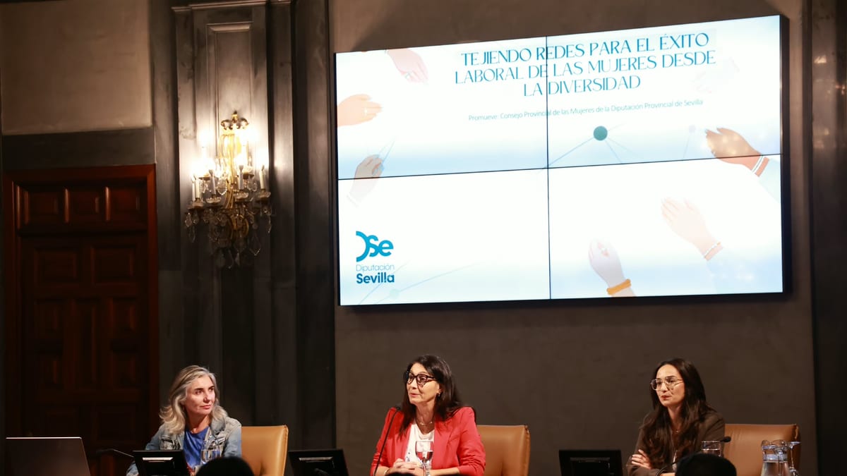 Cartel de las jornadas Tejiendo redes para el éxito laboral de las mujeres desde la diversidad, promovidas por el Consejo Provincial de las Mujeres de la Diputación Provincial de Sevilla