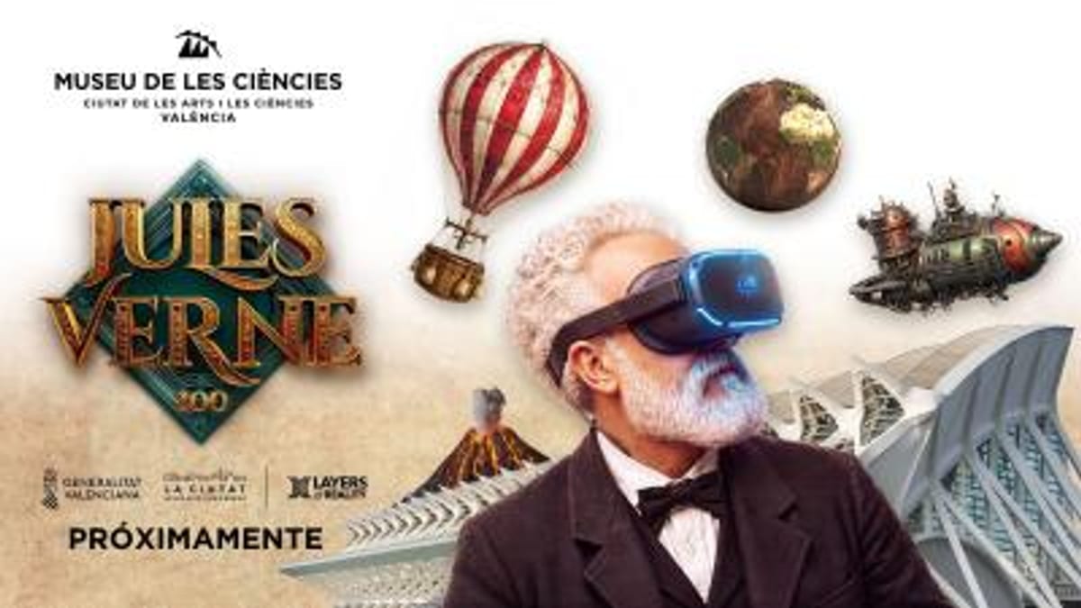 Cartel promocional de la exposición Jules Verne 200 del Museu de les Ciències Príncep Felipe de Valencia