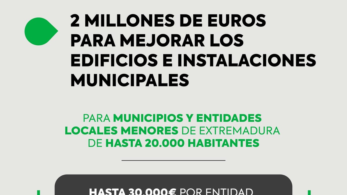 Cartel informativo del Consejo de Gobierno de la Junta de Extremadura con los detalles de la convocatoria de 2 millones de euros para mejorar edificios municipales