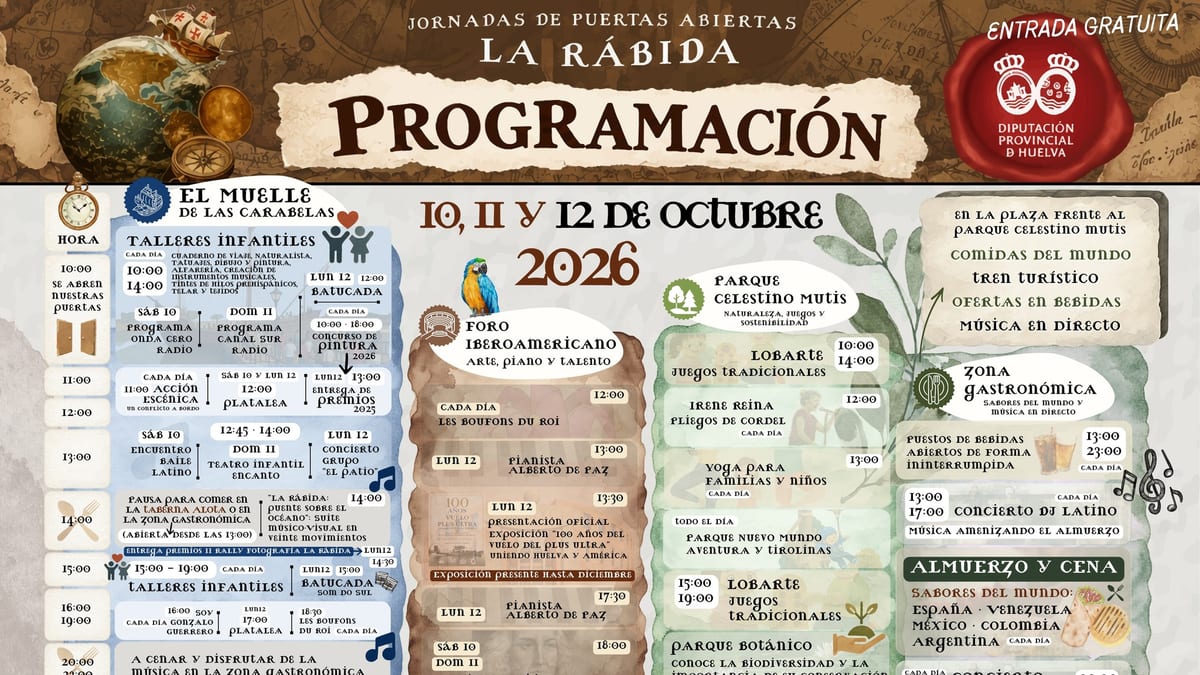 Cartel informativo de las jornadas de puertas abiertas de La Rábida, mostrando la programación completa de actividades culturales, naturales y gastronómicas para los días 10, 11 y 12 de octubre de 2026