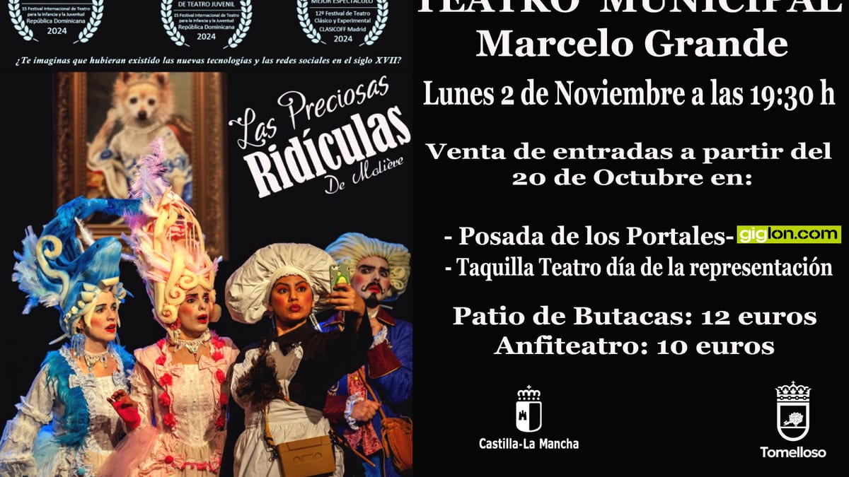 Cartel de Las Preciosas Ridículas, obra teatral de Molière, programada en el Teatro Municipal Marcelo Grande de Tomelloso para el 2 de noviembre de 2026