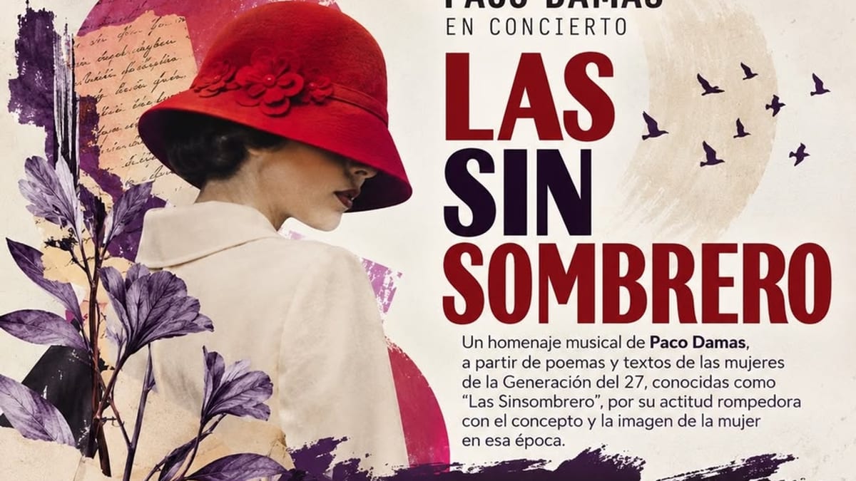 Cartel del concierto Las Sin Sombrero de Paco Damas en Fuenlabrada, 23 de octubre de 2026, con información del evento en el Centro para la Igualdad 8 de Marzo