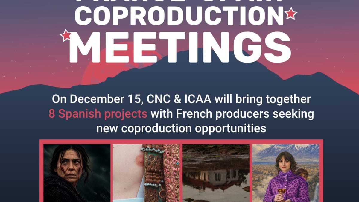 Cartel de Les Arcs Industry Village anunciando encuentros de coproducción Francia-España con 8 proyectos españoles el 15 de diciembre
