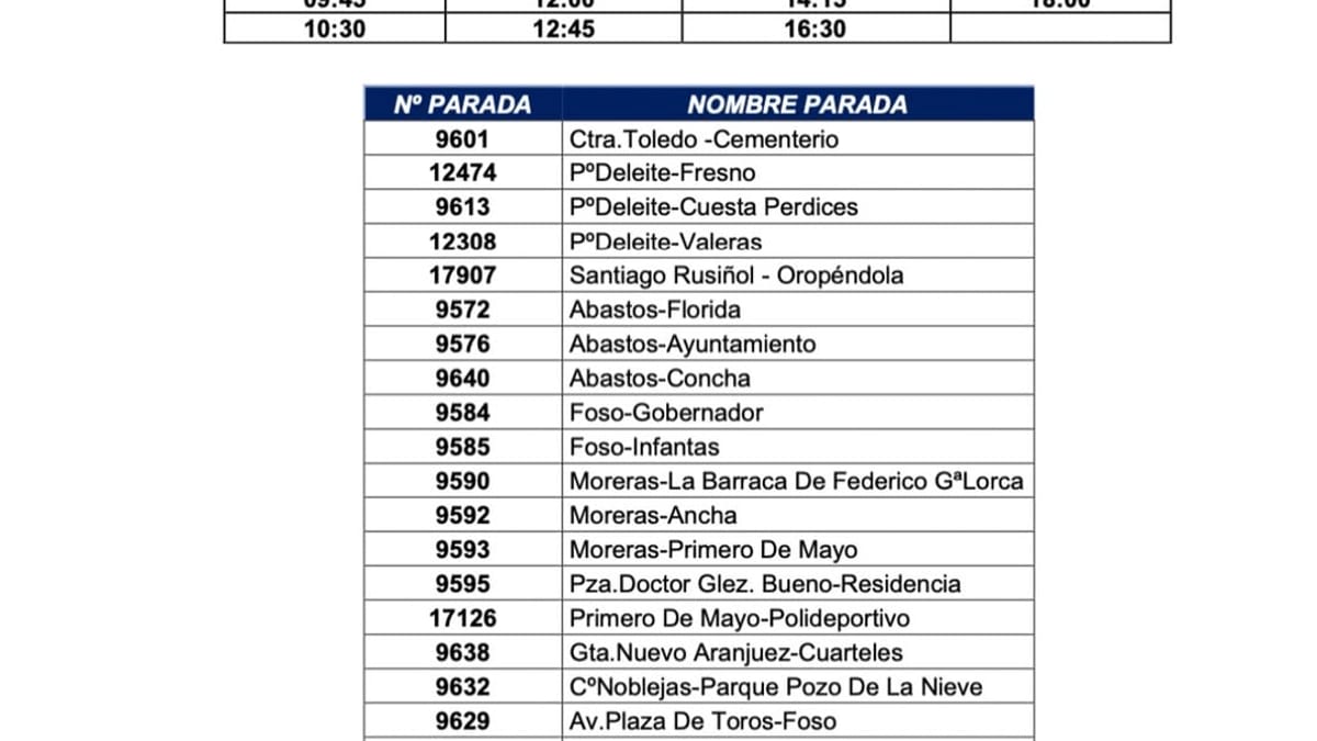 Cartel informativo de la línea circular cementerio-Aranjuez del 1 de noviembre con horarios y paradas del Consorcio de Transportes Madrid