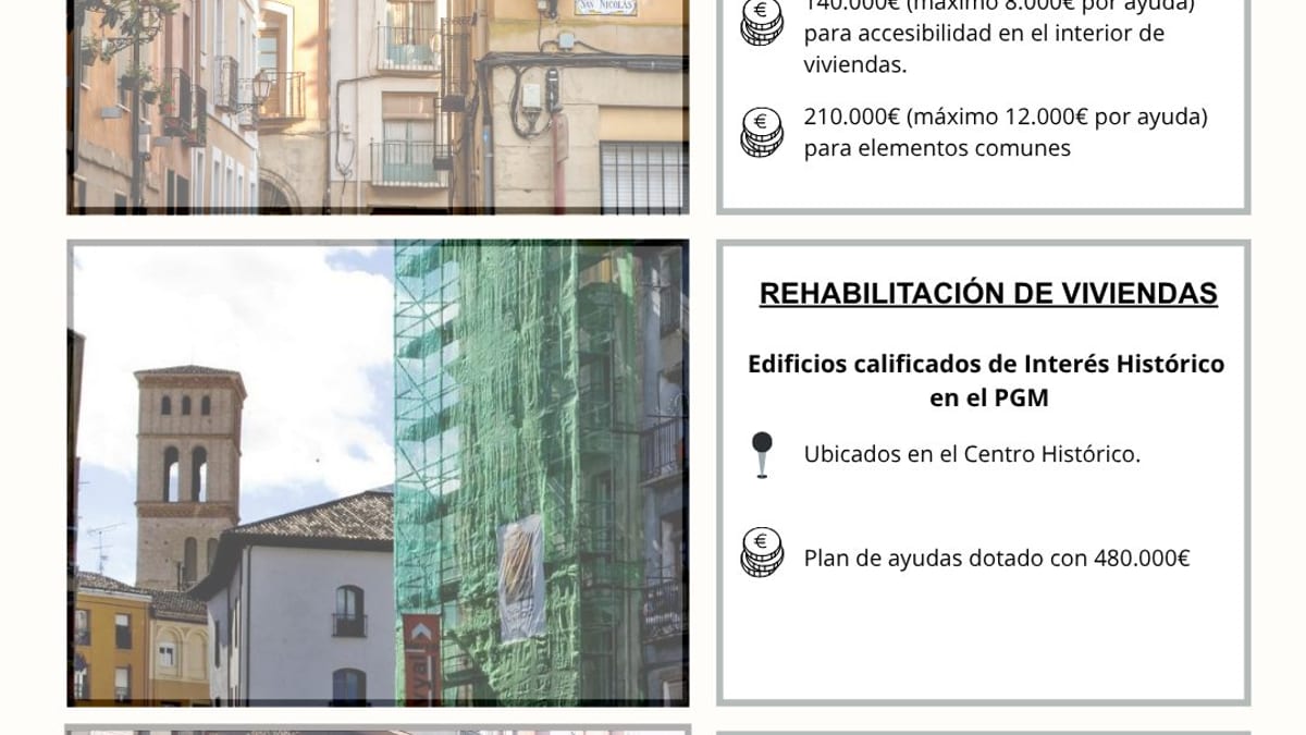 Cartel informativo de la Junta de Gobierno Local de Logroño del 14 de octubre de 2026 con detalles de las nuevas convocatorias de ayudas para accesibilidad universal, rehabilitación de edificios y proyectos de asfaltado