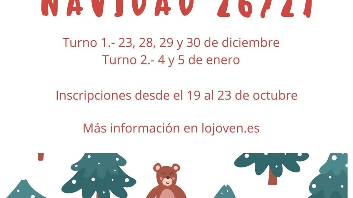 Cartel informativo de las ludotecas navideñas del Ayuntamiento de Logroño con turnos del 23 al 30 de diciembre y 4 al 5 de enero