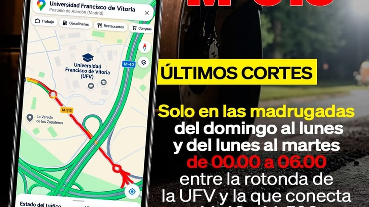 Mapa de la M-515 a su paso por la UFV en Pozuelo de Alarcón mostrando los puntos de corte nocturno entre rotonda de UFV y conexión M-40/M-503