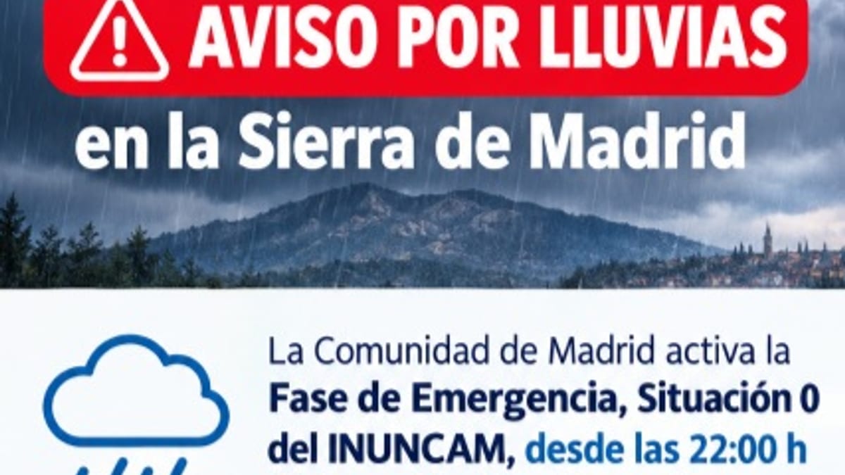 Cartel de aviso de emergencia por lluvias en la Sierra de Madrid emitido por el Ayuntamiento de Paracuellos de Jarama