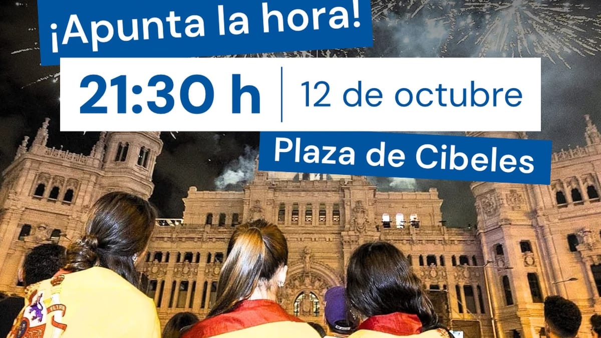 Cartel del espectáculo pirotécnico en Cibeles por el Día de la Hispanidad el 12 de octubre a las 21:30 horas