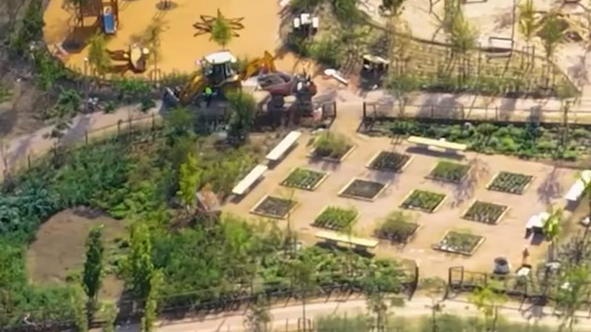 Parque Benedicto XVI en Madrid con zonas verdes, zona infantil y mirador al fondo