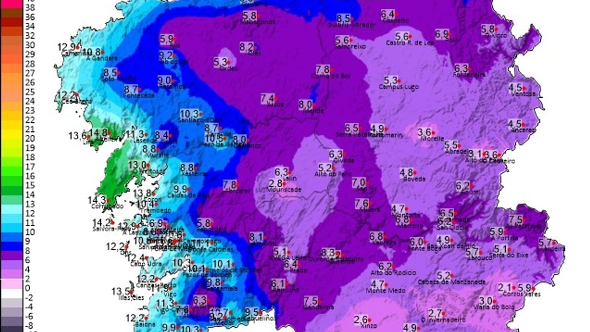 Mapa de Meteogalicia mostrando temperaturas mínimas registradas en Galicia con valores entre 1 y 13 grados