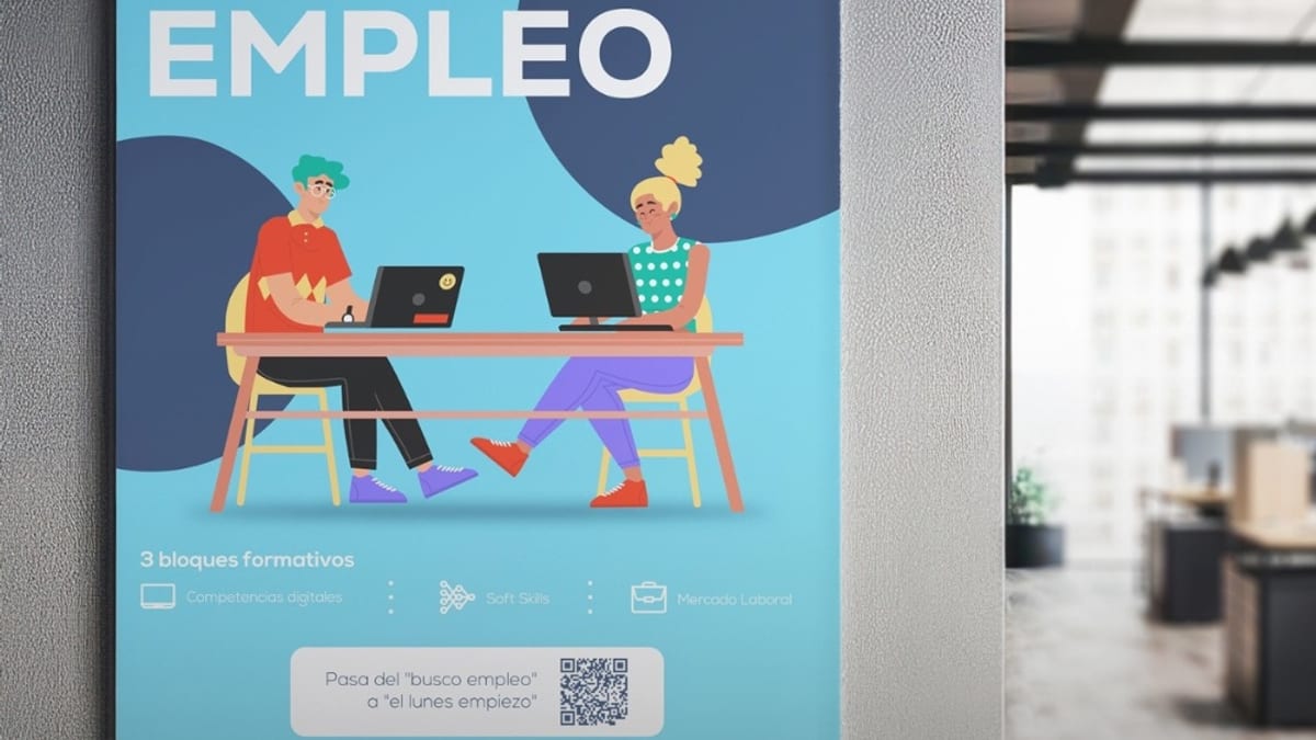 Cartel del programa Aula Majadahonda Emplea mostrando los tres bloques formativos: competencias digitales, soft skills y mercado laboral