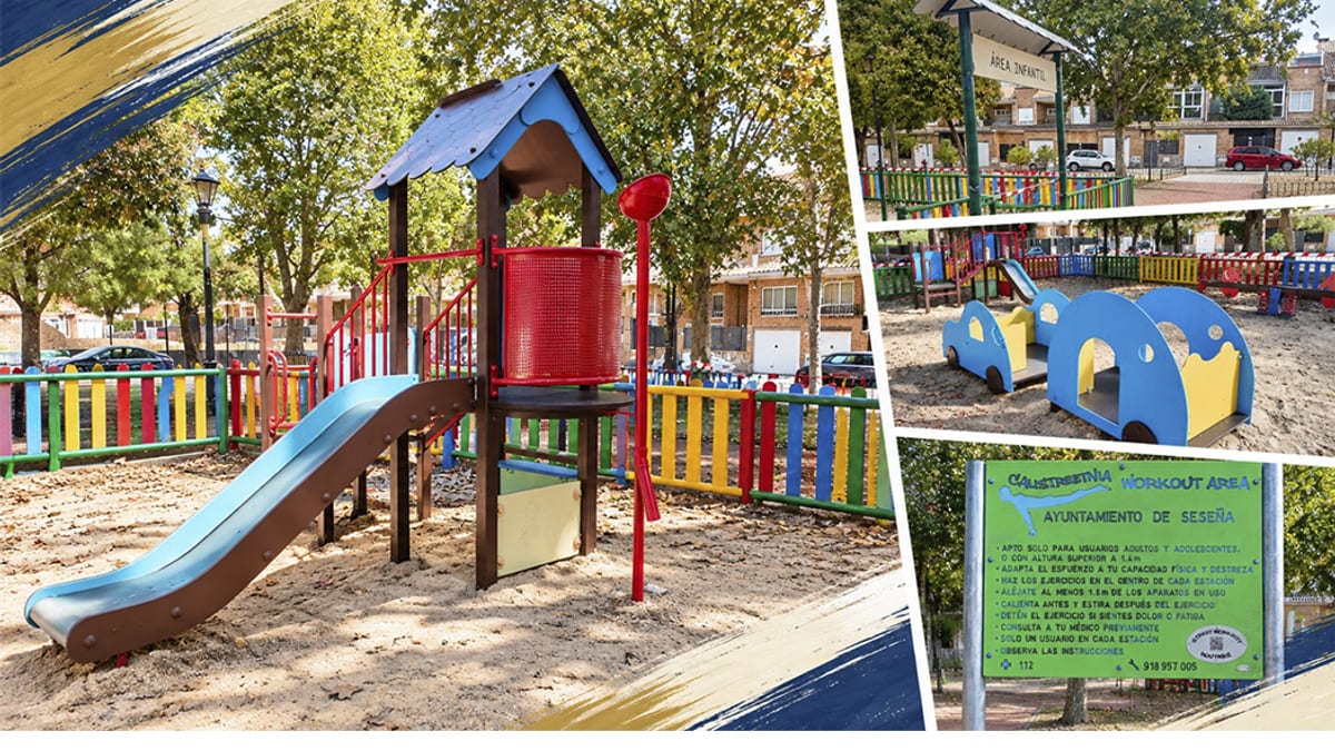 Trabajos de mantenimiento realizados en el parque infantil de calle Almendro en Seseña, con reparación de juegos y acondicionamiento de zonas