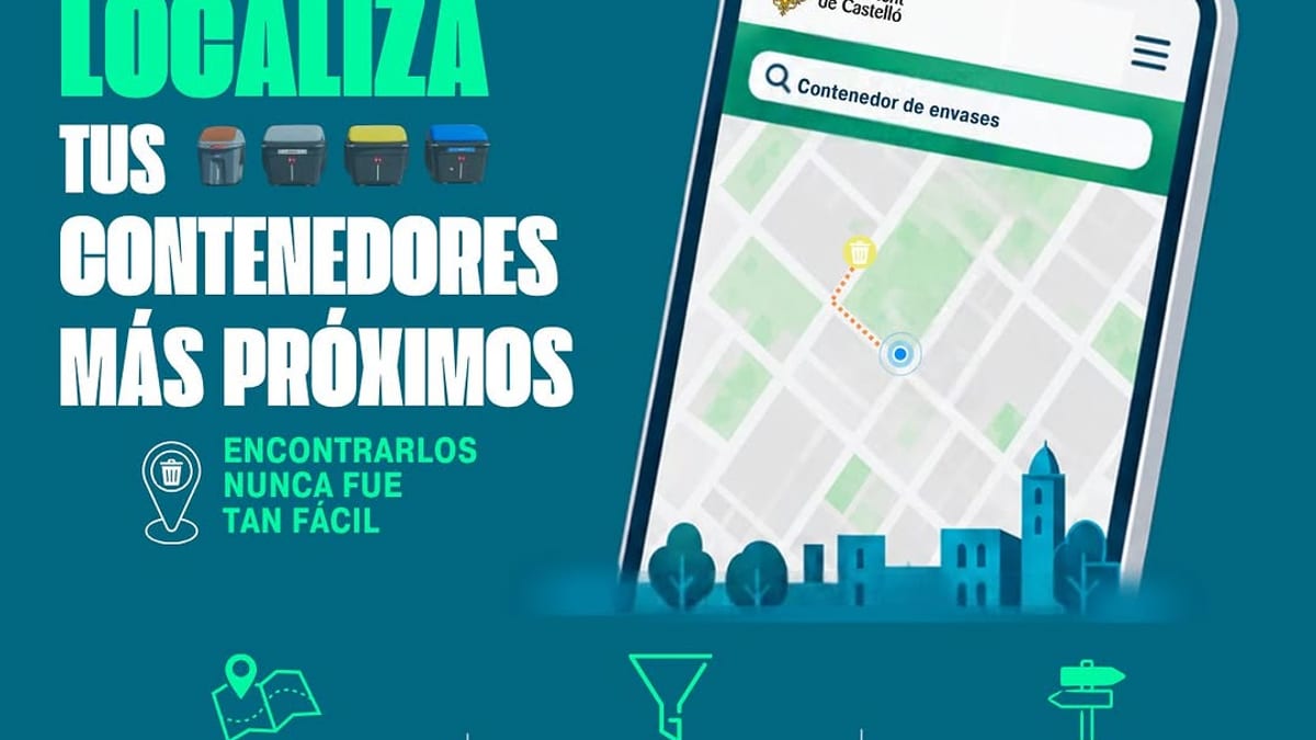 Cartel del mapa interactivo de contenedores del Ajuntament de Castellón con opciones para localizar, filtrar por tipo de residuo e indicaciones de ruta