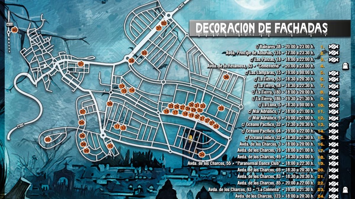 Mapa interactivo de Halloween 2026 en Paracuellos de Jarama con ubicaciones de fachadas decoradas, comercios y restaurantes participantes