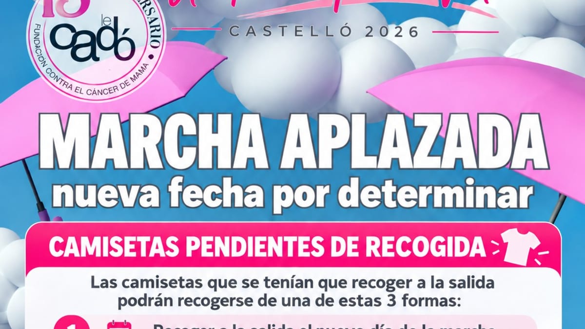 Cartel de la XII Marcha contra el Cáncer de Mama de Castellón aplazada, con información sobre recogida de camisetas