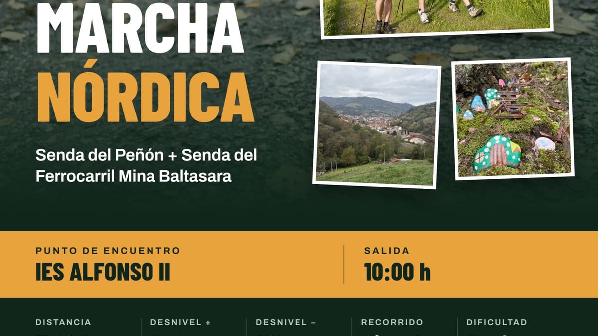Cartel informativo de la jornada de marcha nórdica en Oviedo del 24 de octubre con ruta circular por Senda del Peñón