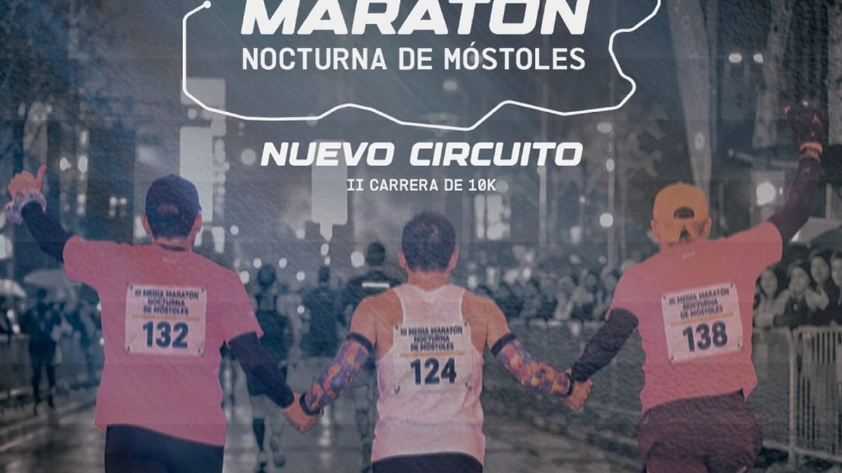 Cartel promocional de la Media Maratón Nocturna de Móstoles 2024 con fecha 14 de noviembre, nuevo circuito por Móstoles Sur y carrera de 10K