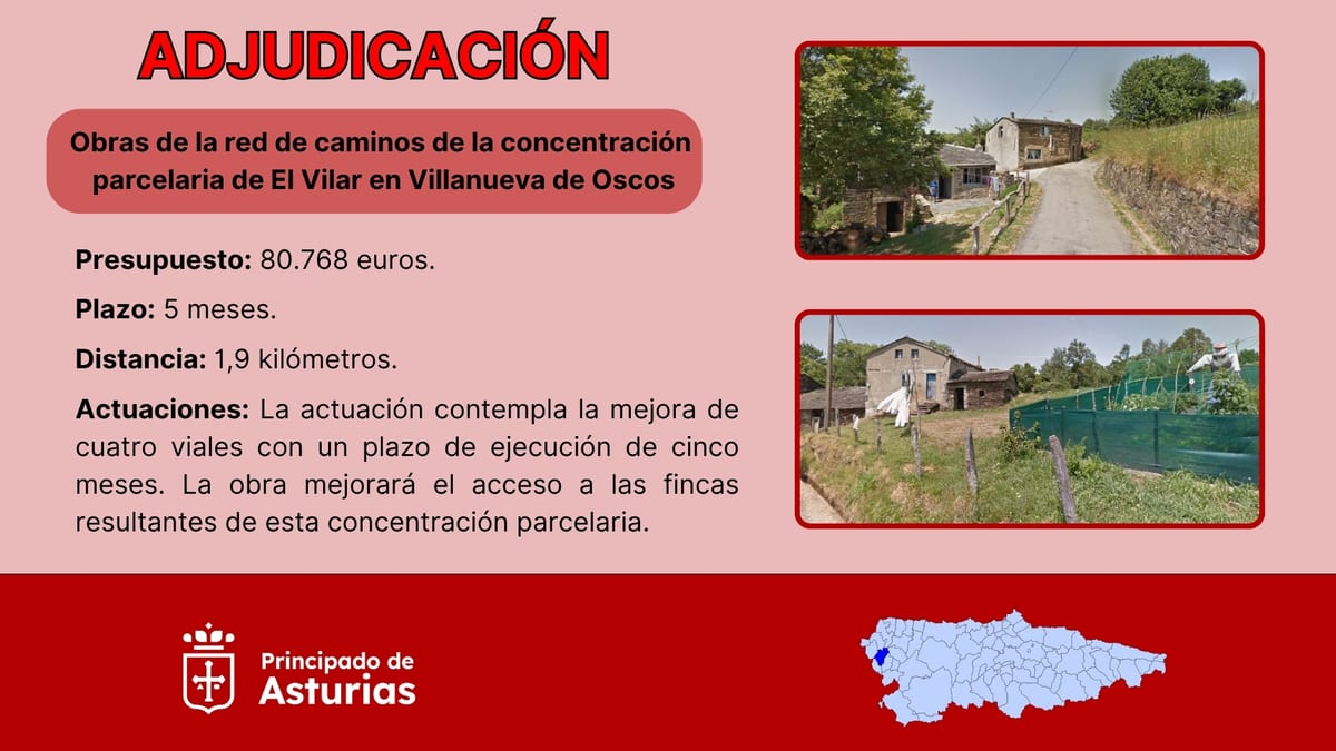 Cartel informativo de adjudicación de obras de mejora de caminos de concentración parcelaria El Vilar en Villanueva de Oscos