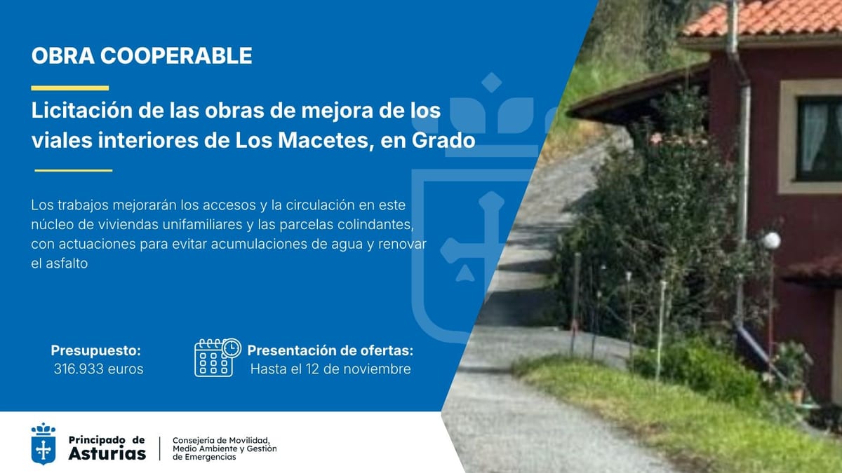 Cartel informativo sobre la licitación de obras de mejora de los viales interiores de Los Macetes en Grado