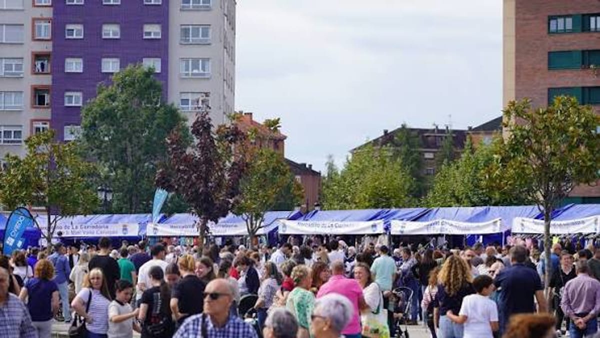 Escena del mercadillo de La Corredoria en Oviedo con carpas y visitantes durante un evento público