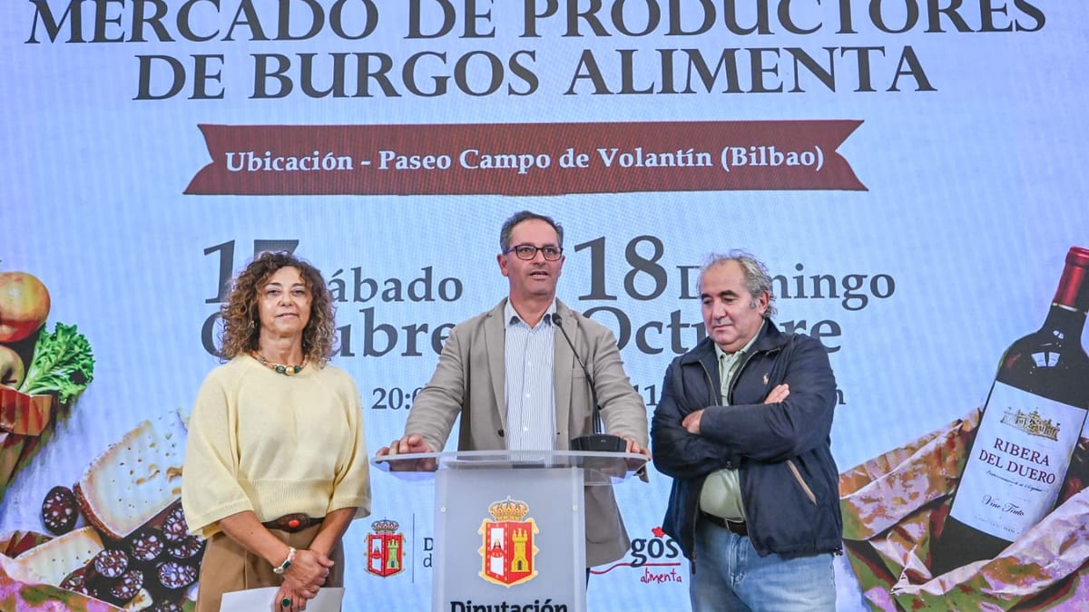 Cartel del Mercado de Productores de Burgos Alimenta en Bilbao con información de ubicación, fechas y horario, destacando vinos de Ribera del Duero
