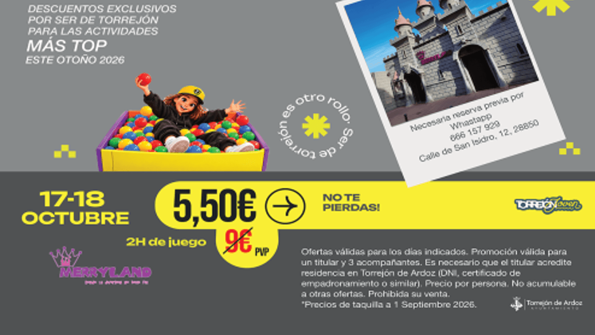 Cartel promocional de descuentos especiales en Merryland para residentes de Torrejón de Ardoz octubre 2026