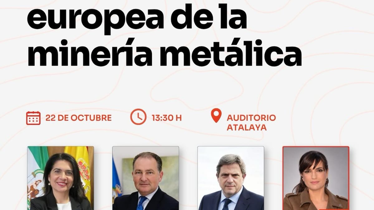 Cartel anunciador de la mesa redonda 'Huelva, capital europea de la minería metálica' con participantes y datos del evento