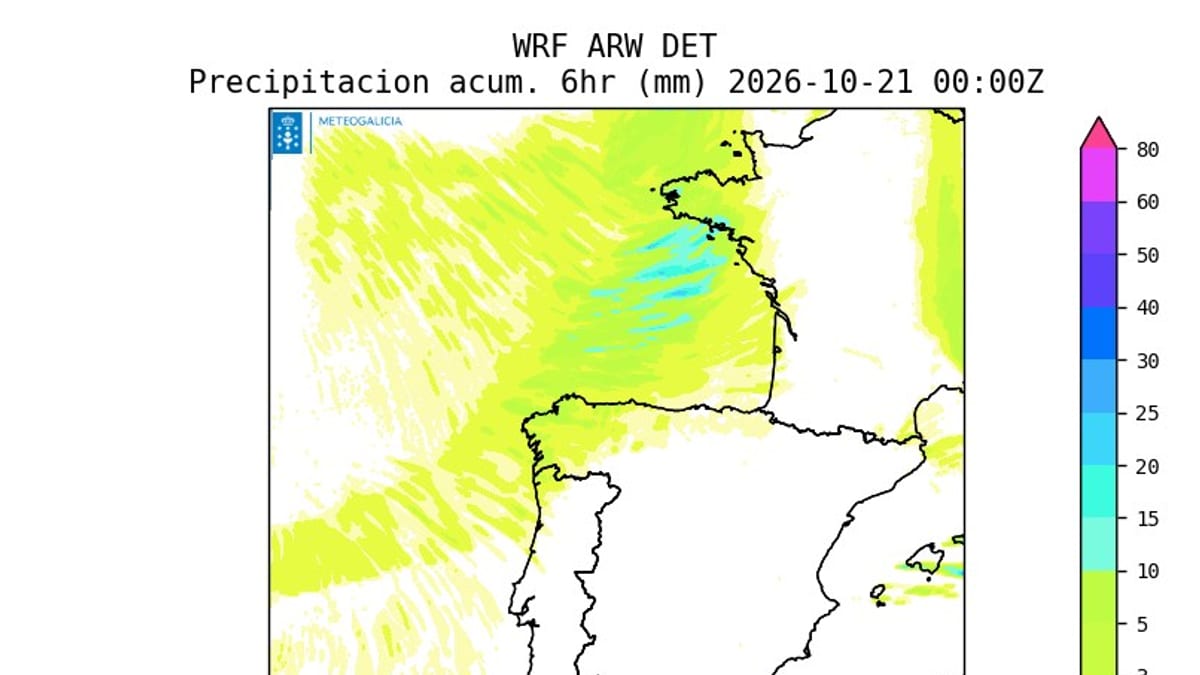 Mapa de acumulación de precipitación cada 6 horas para o 21 de outubro de 2026 segundo o modelo WRF ARW de MeteGalicia
