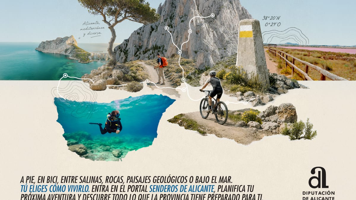 Cartel promocional de Senderos de Alicante: mil maneras de descubrir la provincia a pie, en bici, entre salinas y bajo el mar