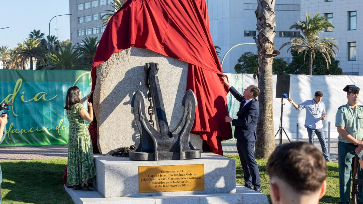 Monumento en el Paseo de la Ría de Huelva en homenaje a los guardias civiles fallecidos Jerónimo Jiménez Molero y Germán Pérez González