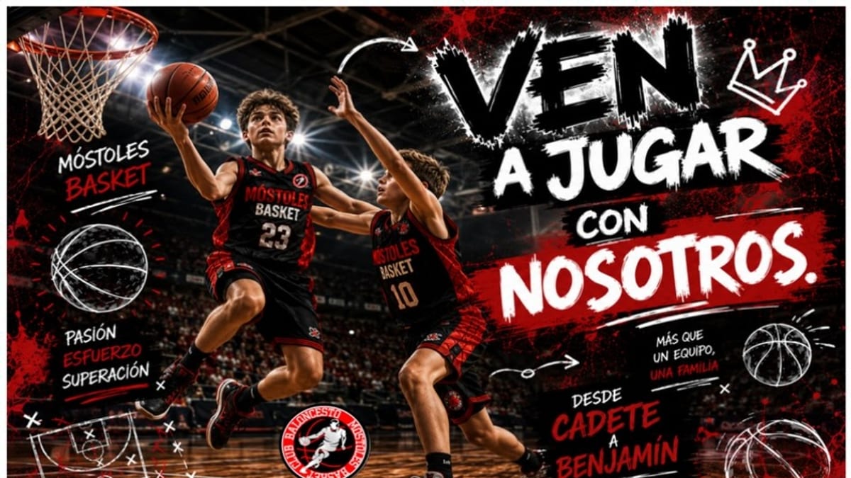Cartel de convocatoria de Móstoles Basket con categorías menores y lema Pasión Equipo Superación