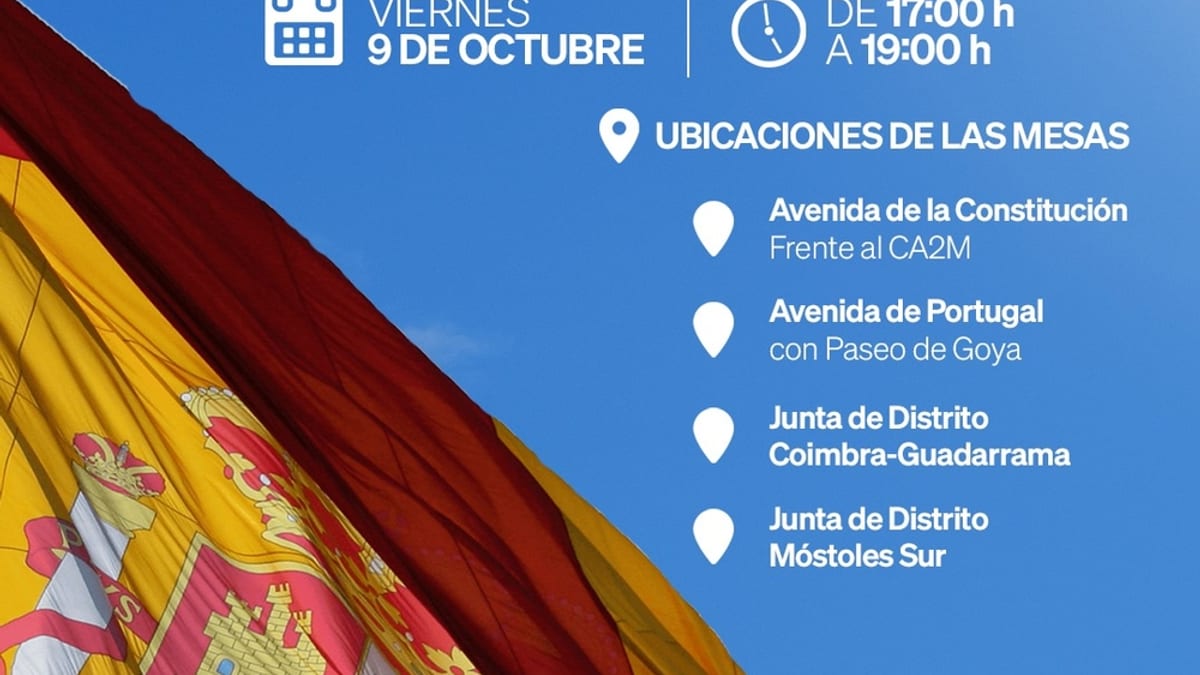 Cartel de distribución de banderas de España por Móstoles en el Día de la Hispanidad, 9 de octubre de 17:00 a 19:00 horas