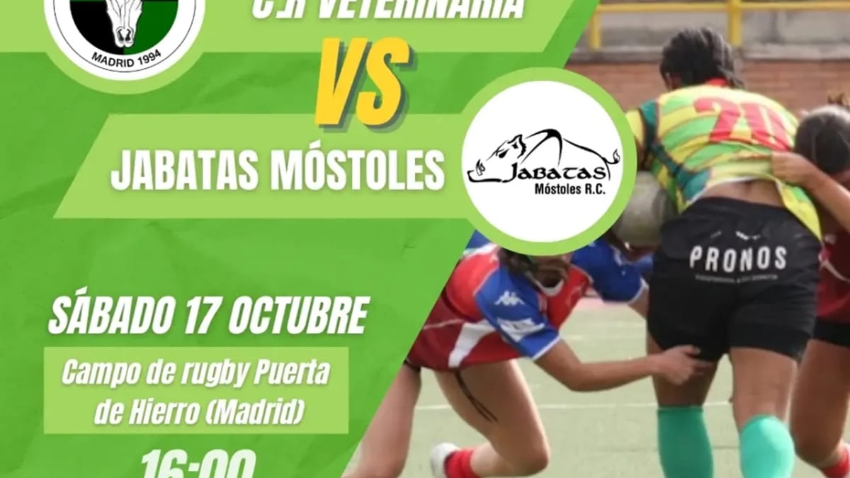 Cartel promocional del partido de rugby entre C.R. Veterinaria y Jabatas Móstoles en Primera Regional, sábado 17 de octubre a las 16:00 en Puerta de Hierro