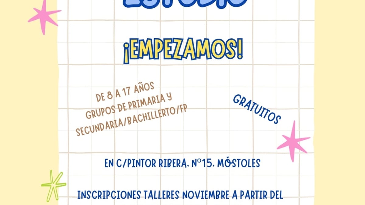 Cartel promocional de los talleres gratuitos de técnicas de estudio de Móstoles para menores de 8 a 17 años