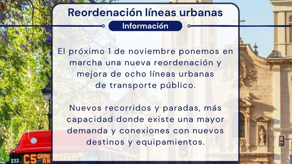 Cartel informativo sobre la reordenación de líneas urbanas de transporte público en Murcia a partir del 1 de noviembre