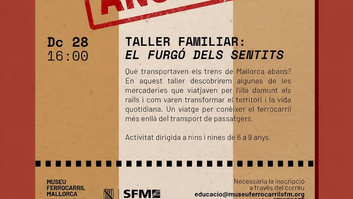 Cartel de la actividad cancelada del Museu Ferrocarril de Mallorca: taller familiar El furgó dels sentits