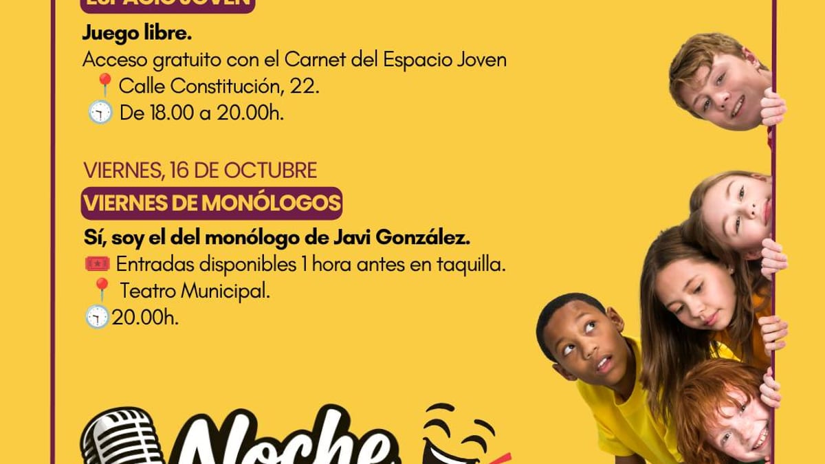 Cartel de programación del Ayuntamiento de Navalcarnero con actividades para el fin de semana: Espacio Joven, Noche de Viernes con monólogos y Certamen de Teatro Aficionado