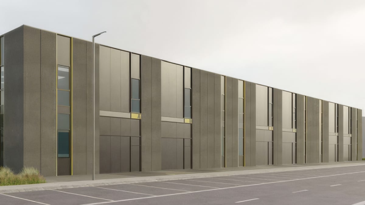 Render de naves industriales modulares del proyecto en Val de San Vicente, Cantabria