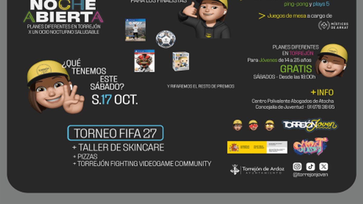 Cartel de La Noche Abierta del 17 de octubre con actividades de ocio gratuitas para jóvenes en Torrejón de Ardoz: torneo FIFA 27, taller de skincare y zona chill
