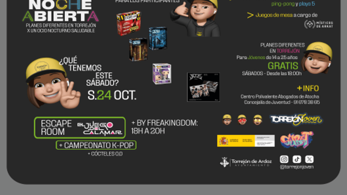 Cartel de La Noche Abierta de Torrejón de Ardoz del 24 de octubre con K-pop, escape room y actividades para toda la familia