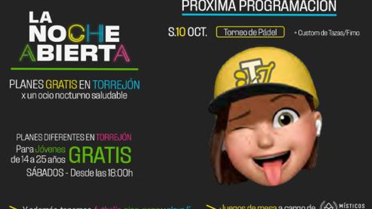 Cartel de La Noche Abierta en Torrejón de Ardoz con programa de torneo de pádel y customización de tazas