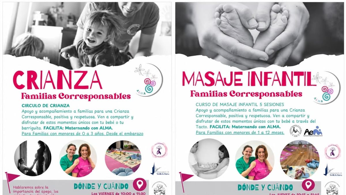 Cartel informativo de los talleres Masaje Infantil y Círculo de Crianza de Familias Corresponsables en Sevilla la Nueva
