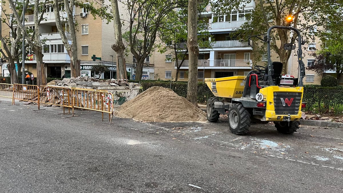 Trabajos de reparación en la acera oeste de la calle Toledo de Alcalá de Henares