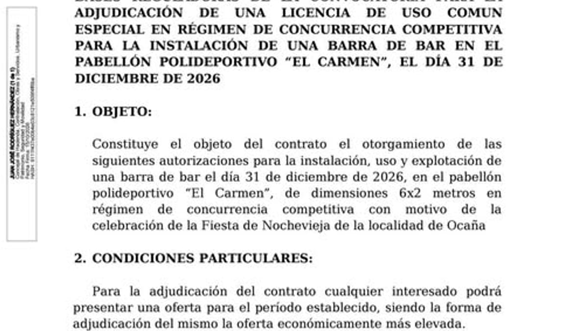 Bases de adjudicación de barra de bar para Nochevieja 2026 en Ocaña