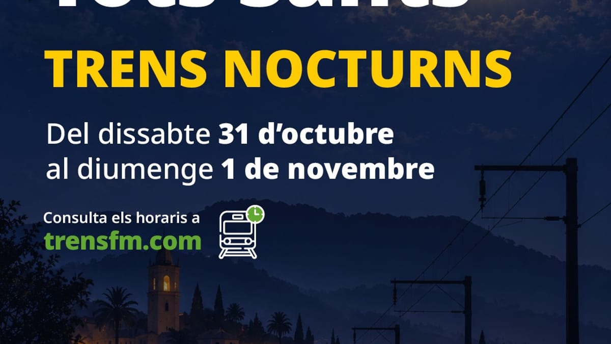 Cartel informativo de Serveis Ferroviaris de Mallorca sobre servicios nocturnos de tren para la Noche de Todos los Santos